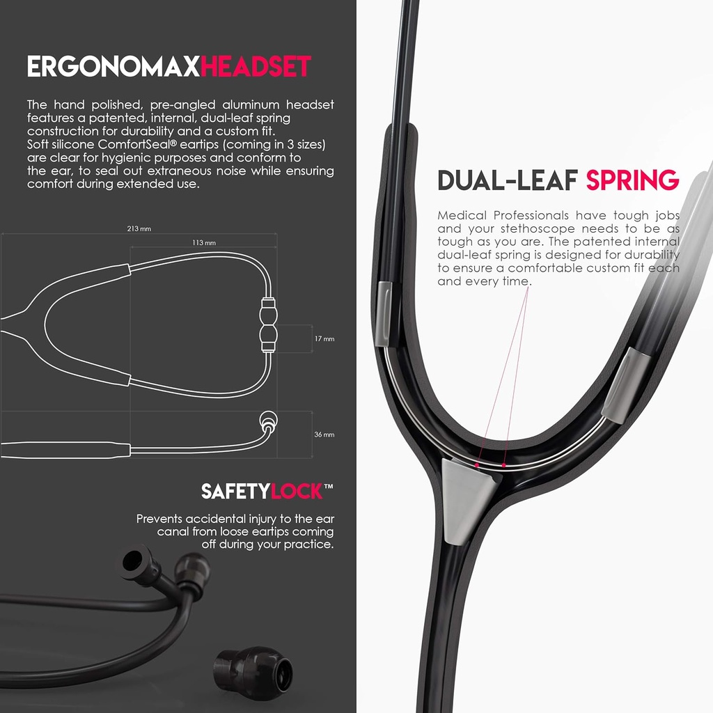 Acoustica Lightweight Stethoscope for Doctors, Nurses, Students, Home Health Use, Adult, Dual Head, Black Tube, Black Chestpiece-Headset, MDF747XP