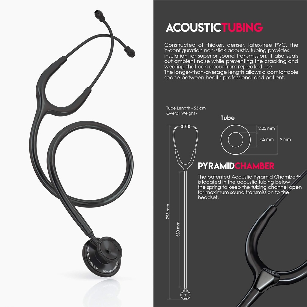Acoustica Lightweight Stethoscope for Doctors, Nurses, Students, Home Health Use, Adult, Dual Head, Black Tube, Black Chestpiece-Headset, MDF747XP